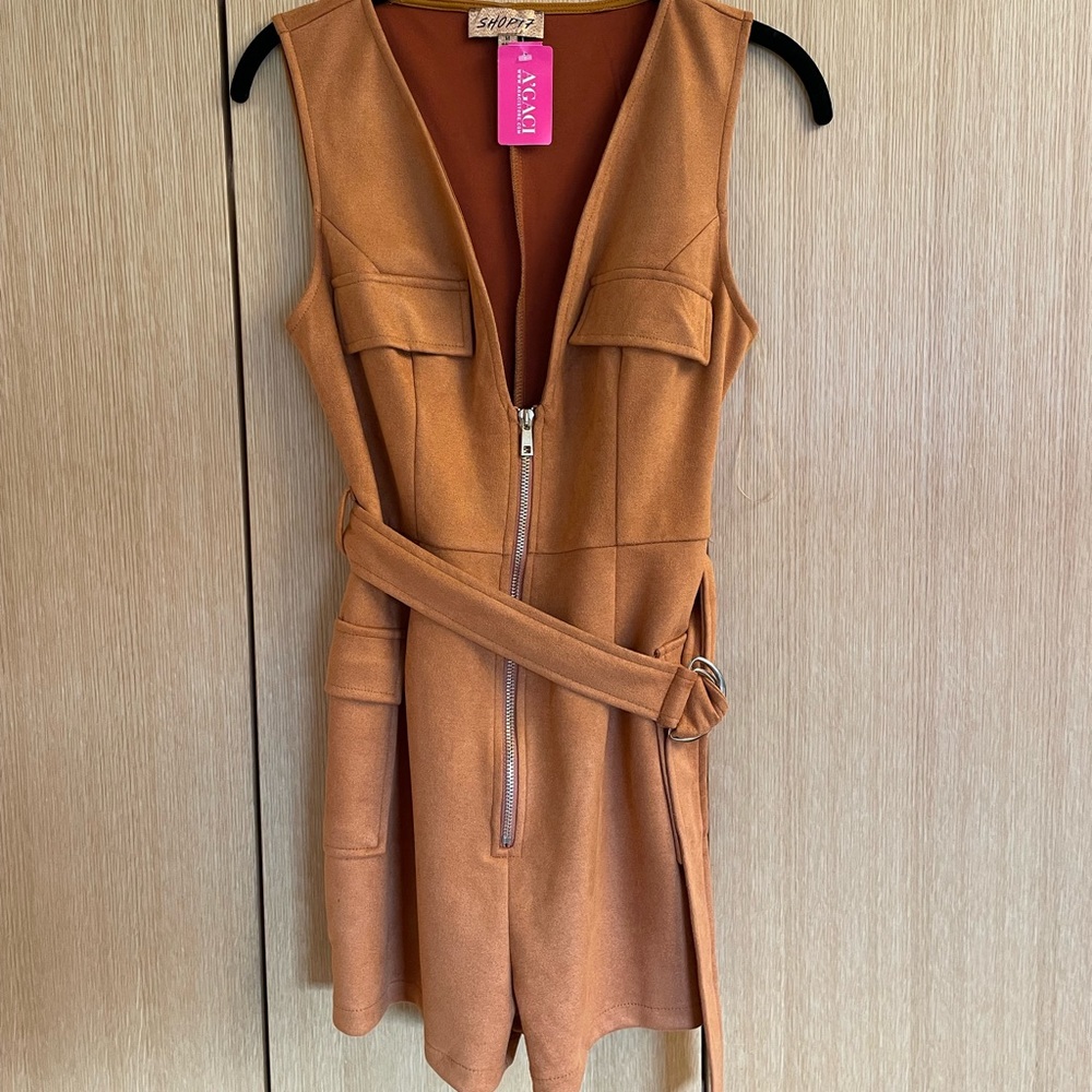 Brown Suede Deep Cut Romper
